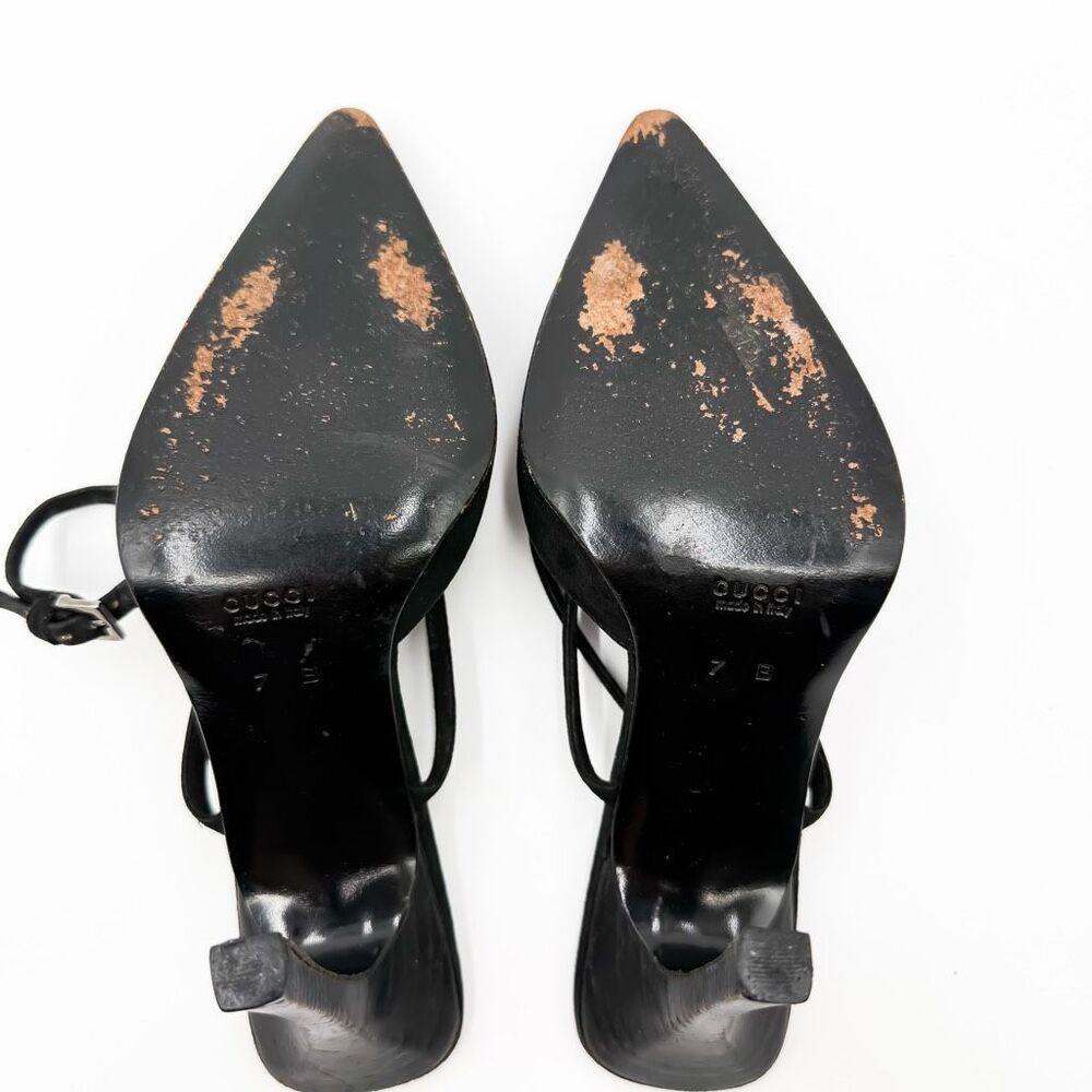 Gucci Black Suede Leather Strappy Heels Pointed Toe Size 7 - Picture 11 of 15